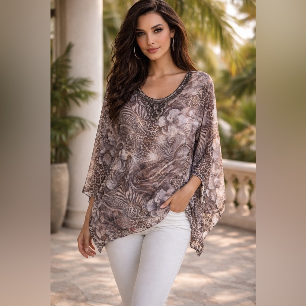 ✨ Elegant Sheer Animal & Floral Print Top – Beaded Neckline ✨